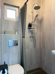 Un baño con ducha, inodoro y lavabo. en Popas, en Râșnov 20 fotos más
