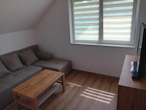 a living room with a couch and a table at Domek Pod Lipą in Jankowce
