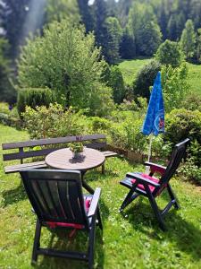 zwei Stühle und ein Tisch und ein Regenschirm im Gras in der Unterkunft Ferienwohnung Karlsruh in Warmensteinach
