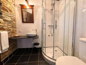 a bathroom with a glass shower and a sink at Casa do Porco - Farm Stay & Spa no Douro in Melres