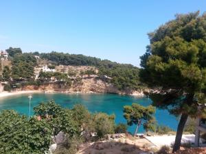 a view of a beach with blue water and trees at Magdalini in Votsi