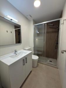 ein Badezimmer mit Waschbecken, Dusche und Toilette in der Unterkunft Habitación individual acogedora in Alicante
