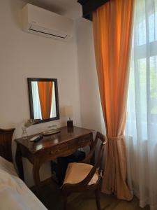 a bedroom with a desk and a mirror and a bed at Pensiunea Cocosel in Căstău +54 photos
