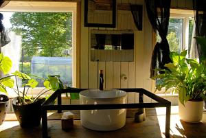a room with a table with plants and a window at Pelēkā Māja, forestside getaway house for cosy stays in Myza Brenguli