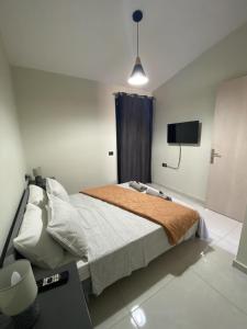 a bedroom with a bed and a flat screen tv at Nebulous Apartment 2 in Zakynthos Town