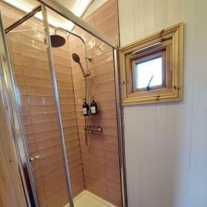 a shower in a bathroom with a window and two bottles at Doris in Wedmore