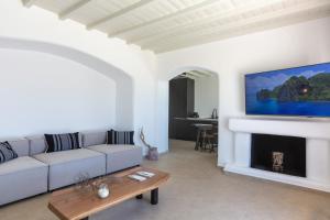 a living room with a couch and a fireplace at Amazē Mykonos in Mikonos