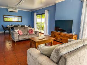 a living room with two couches and a flat screen tv at VIVA Quinta I Quinta do Ananás Pineapple Farmhouse in São Roque