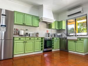 a green kitchen with green cabinets and a refrigerator at VIVA Quinta I Quinta do Ananás Pineapple Farmhouse in São Roque