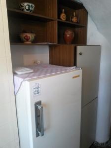 einen weißen Kühlschrank in einer Küche mit Regal in der Unterkunft Magdalini in Votsi