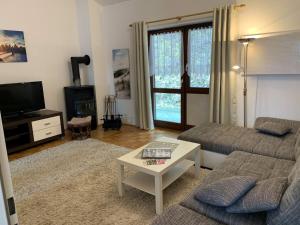a living room with a couch and a coffee table at Ferienpark im schönen Falkenstein 2 in Falkenstein