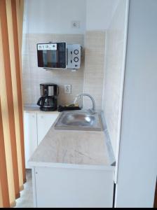 a small kitchen with a sink and a microwave at BetaBlue Apartament in Saturn