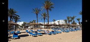 a bunch of chairs and umbrellas on a beach at Blue Bay Appart hôtel in Monastir