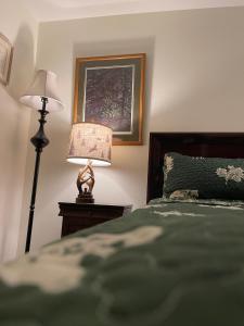 un dormitorio con una cama y una lámpara en The Red Door Residence, en North Pole