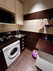 a kitchen with a washing machine and a sink at Studio Chic Elena in Năvodari