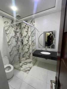 木尔坦Luxury Condo in Central Multan with Self Check-In的带水槽、镜子和马桶的浴室