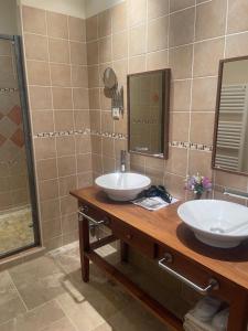 a bathroom with two sinks and two mirrors at Le Château de Sorgues in Cornus +33 photos