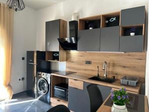 a kitchen with a sink and a washing machine at AVG Studios Preveza in Mytikas