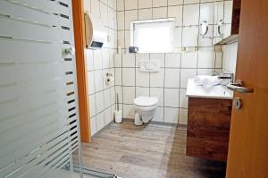 a bathroom with a toilet and a sink and a window at 4-Sterne-Ferienhaus in Zislow f Familien mit Hund in Zislow +14 photos