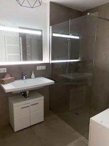 a bathroom with a sink and a glass shower at MODERN LIVING Haus mit 3 Schlafzimmern für bis zu 7 Personen in Regensburg