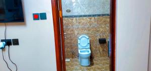 a bathroom with a blue toilet in a room at Ayan homes in Namulanda