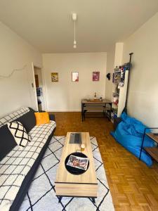 a living room with a couch and a coffee table at L'Unesco - Hypercentre rues piétonnes, Perret cozy in Le Havre