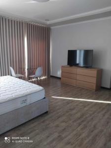 Un dormitorio con una cama y un televisor de pantalla plana. en Defaris Apartments, en Dargai 4 fotos más