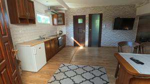 a kitchen with a sink and a counter top at Domek Nad Stawem 
