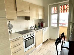eine Küche mit Holzschränken und Spüle und einem Fenster in der Unterkunft Grand Appartement de 3 chambres in Lausanne + 17 Fotos