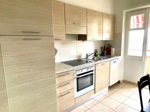 eine Küche mit Holzschränken und einer Spüle in der Unterkunft Grand Appartement de 3 chambres in Lausanne
