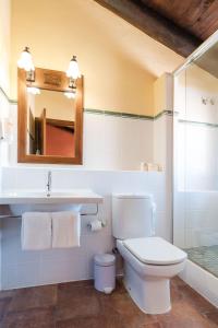 a bathroom with a toilet and a sink and a mirror at Hotel Albarrán in Albarracín +63 photos