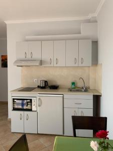 a kitchen with white cabinets and a green table at Dilina Studios in Arkasa