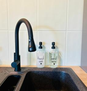 two bottles of detergent sitting on a kitchen sink at Das Auental-Appartment in Köditz +24 photos