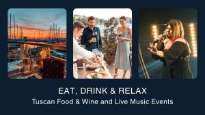 a collage of three pictures of people eating food and wine at Marina di Scarlino Resort in Puntone di Scarlino