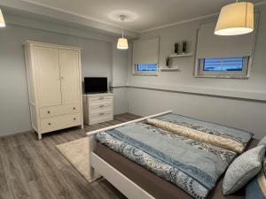 a bedroom with a bed and a tv and a cabinet at Ferienwohnung Landshut am Gambach in Hohenthann