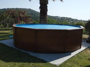 a large swimming pool in the grass with a palm tree at Villa serenity in Kymi
