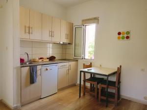 a kitchen with a table and a table and a table and a window at Villa Fotis in Ligia