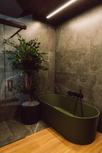 a bathroom with a green tub and a potted plant at Sanatorium Dedal in Polańczyk