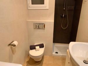 a bathroom with a toilet and a sink and a shower at Apartamentos Copa & Cabana in Es Pujols +14 photos