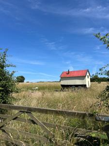 a white barn in a field with a fence at The Shepherds Hut in Hindringham