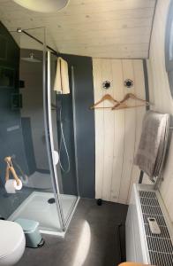 a bathroom with a shower and a toilet at Tonn'O'Trip in Puy-lʼÉvêque +7 photos