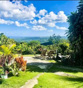 a view of a garden with two chairs in the grass at The Bellagio Luxury Inn in Breadnut Hill +34 photos