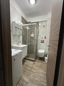 Un baño con ducha, lavabo e inodoro. en Palm Complex Calma Di Mare Apartment, en Ofrinion
