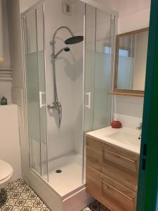 La Celle-sous-GouzonにあるStudio vert idéalement situé gare cœur de ville et accès direct bus futuroscopeの浴室のガラス扉付きシャワー