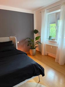a bedroom with a black bed and a potted plant at Ferienwohnung im Herzen von Oberstdorf in Oberstdorf