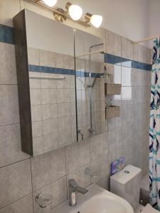 a bathroom with a shower and a sink and a toilet at Louis' apartment with view in Gythio