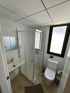 a bathroom with a shower and a toilet and a sink at El Balcón de Carrascoy, Wifi rápido, escritorio y parking ,15 min del centro de Murcia in Corvera