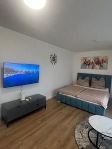 a bedroom with a bed and a tv on the wall at Apartment Nähe Flughafen und Messe in Ostfildern