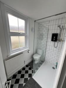 ein Badezimmer mit Dusche, Toilette und Fenster in der Unterkunft 2 bedroom cottage in Kingsbridge in Kingsbridge