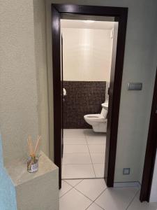 a bathroom with a toilet and a door leading to at No taxi needed with parking in Bratislava